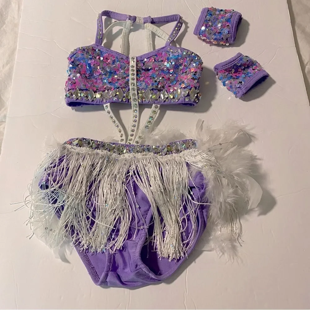 Glamour competition, solo dance costume custom lavender sassy jazz feather SC